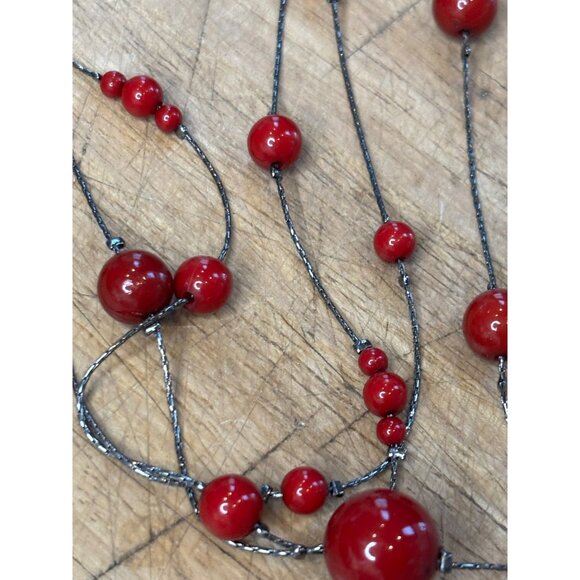 Long Layered Red Bead Necklace With Black Multistrand Wire & Lobster Clasp Jewel - Picture 3 of 9
